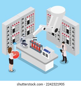 Laboratorio científico automatizado isométrico 3d concepto de ilustración vectorial para banner, sitio web, ilustración, página de aterrizaje, volante, etc.