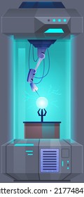 Automated scientific laboratory. Study of atomic structure in machinery, make research on professional equipment. Apparatus in modern lab interior. Collider, developments in field of energy experiment