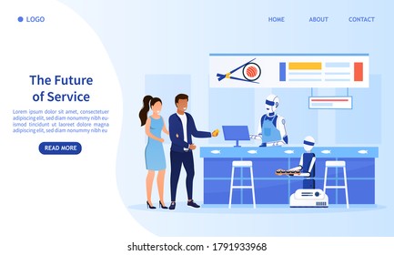 Automated service in the sushi restaurant. The humanoid robot takes orders and counts customers in the cafe. Modern technologies in the service sector Perfect for landing, web Flat Vector Illustration