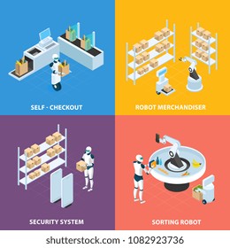 Automated shops isometric concept with self checkout, robots for merchandising and sorting, security system isolated vector illustration