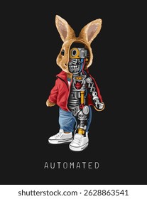 automated slogan with rabbit half robot graphic vector illustration on black background