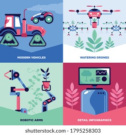 Diseño de jardín inteligente automatizado con conjunto de banners cuadrados con subtítulos de texto e imágenes vectoriales de tecnología