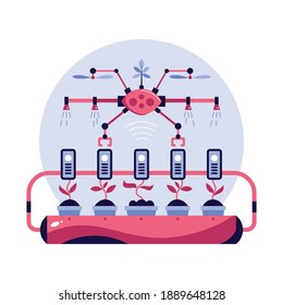 Automated smart garden technology with flying drone flat vector illustration
