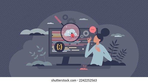 Automated software test with effective bug error checking tiny person concept. Automation computer system with programming code analysis and website audit for IT functionality vector illustration.