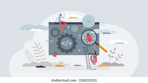 Automated software test for effective website development tiny person concept. Bug catching and error checking with artificial intelligence automation vector illustration. Programming code audit.