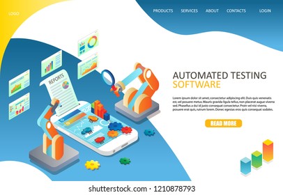 Automated software testing landing page website template. Vector isometric illustration of mobile phone and reports, diagrams, cogwheels, software bugs, robot arms. Mobile application testing concept.