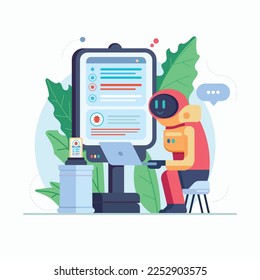 Automated software testing, QA concept. AI in quality assurance. Robot tester finding, searching program bugs, mistakes. Debugging automation. Flat vector illustration isolated on white background