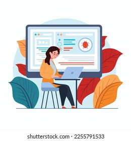 Automated software testing, QA concept. AI in quality assurance. Robot tester finding, searching program bugs, mistakes. Debugging automation. Flat vector illustration isolated on white background