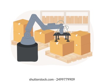 Automated sortation system isolated cartoon vector illustrations. Automated robotic arm sorting goods in smart warehouse, inventory technologies, packing items process vector cartoon.