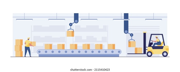 Automated sorting and product control, warehouse, conveyors, industrial robots. vector illustration