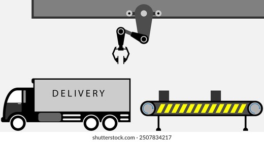 Clasificación automatizada y control de productos, almacén, transportadores, robots industriales. Ingeniero que controla la línea de cinta transportadora fábrica de manos robóticas.