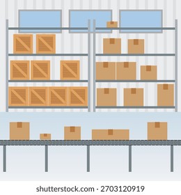 Automated sorting and product control, warehouse, conveyors with industrial metal racks for inventory background inside the warehouse	
