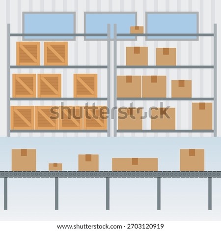 Automated sorting and product control, warehouse, conveyors with industrial metal racks for inventory background inside the warehouse	
