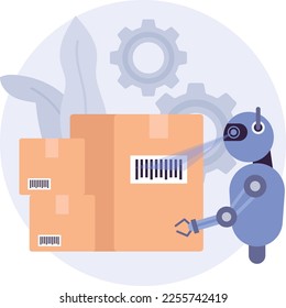 automated storage and retrieval system vector icon design, Warehouse automation symbol, Industrial revolution sign, Shipping and Logistic stock illustration, Robot is scanning Barcode of boxes concept