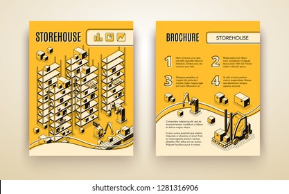 Automated storehouse, delivery company logistic center isometric vector brochure pages template with robotized hands sorting parcels on conveyor line, forklift carrying box on palette illustration
