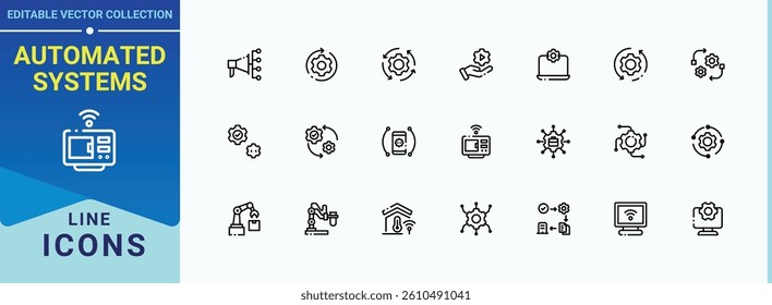 Automated Systems line icon set. Related to technology, optimization, development, tech, ai, engineering and more. Automation icon set. Expanded stroke icons. Conceptual pictogram and infographic.
