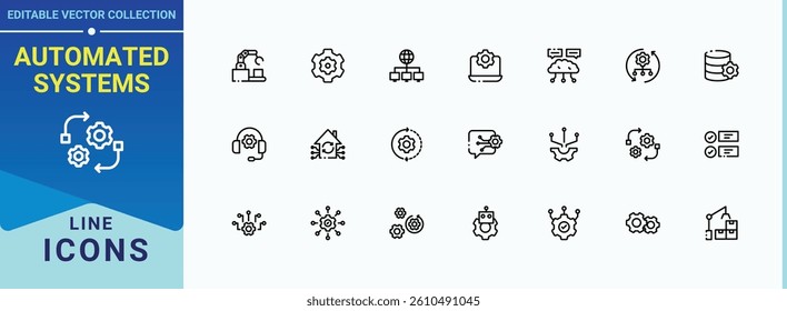 Automated Systems line icon set. Related to technology, optimization, development, tech, ai, engineering and more. Automation icon set. Expanded stroke icons. Conceptual pictogram and infographic.