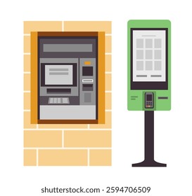 Automated teller machine built into a brick wall and a green self-service kiosk with a touchscreen and card reader, both on a white background. Concept of financial transactions. Vector illustration