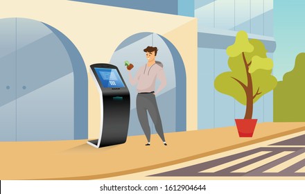 Automated teller machine flat color vector illustration. Smiling man near cash kiosk cartoon character with street on background. Financial transaction software. Self service electronic equipment