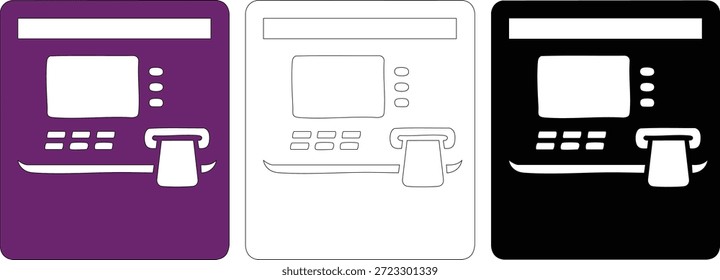 Automated teller machine graphic showing screen keypad and card insertion point for banking transactions and money management available in purple outline and solid black icon designs