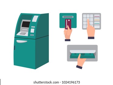 Automated teller machine and hand inserting credit card into ATM slot, entering pin code and taking banknotes or cash. Money withdrawal or financial transaction set. Flat cartoon vector illustration.