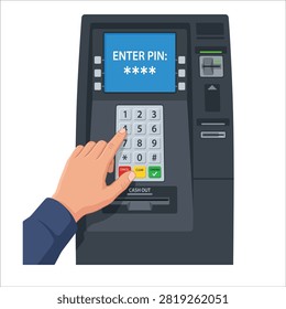  Automated teller machine with hand inserting a credit card vector illustration