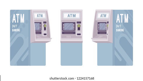Automated teller machine in a light blue color. Free-standing atm for customers, electronic banking outlet, interactive terminal. Vector flat style cartoon illustration isolated on white background