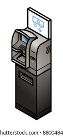 An automated teller machine on a plinth. The sign is a separate element.