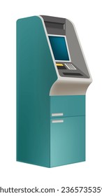 Automated teller machine for putting and withdrawing cash from account or credit card. Isolated ATM system, banking technologies for quick transactions. Cashpoint with monitor. Vector in flat style