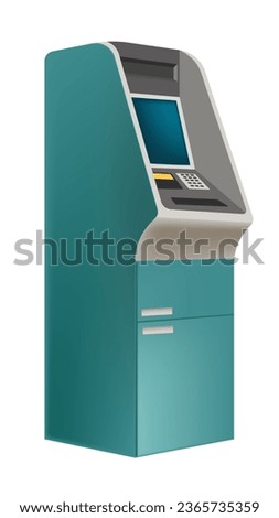 Automated teller machine for putting and withdrawing cash from account or credit card. Isolated ATM system, banking technologies for quick transactions. Cashpoint with monitor. Vector in flat style