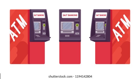 Automated teller machine in red color. Free-standing atm for customers, electronic banking outlet, interactive terminal. Vector flat style cartoon illustration isolated on white background