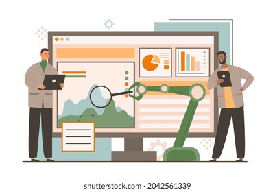 Automated testing concept. Mechanical hand looks for problems in operation of digital product. Modern technologies and innovations. Cartoon flat vector illustration isolated on white background
