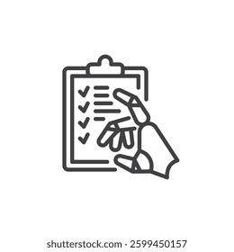 Automated Testing line icon. linear style sign for mobile concept and web design. Clipboard with checkmarks and a robotic arm outline vector icon. Symbol, logo illustration. Vector graphics
