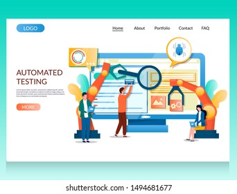 Automated Testing Vector Website Template, Web Page And Landing Page Design For Website And Mobile Site Development. Software Testing And Debugging, SQA.