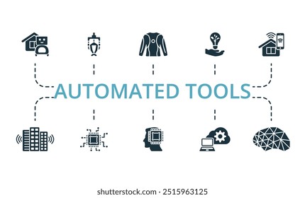 Automated Tools icon set. Monochrome simple Automated Tools icon collection. Augmented Reality, Smart Watch, Face Recognition, Identification, Authentication, Smart City, Embedded Device