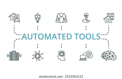 Automated Tools thin line icon set. Monochrome simple Automated Tools icon collection. Augmented Reality, Smart Watch, Face Recognition, Identification, Authentication, Smart City, Embedded Device