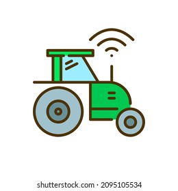 Automated Unmanned Tractor. Smart Farming Modern Technology. Pixel Perfect, Editable Stroke Color Icon