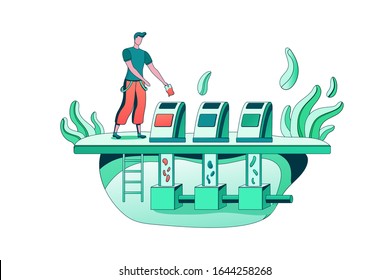 Automated vacuum garbage collection concept, pneumatic system for trash disposal and transportation, ecology vector flat illustration, cartoon man throwing litter into container