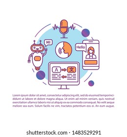 Automated voice translation program article page vector template. Brochure, magazine, booklet design element with linear icons and text boxes. Print design. Concept illustrations with text space 