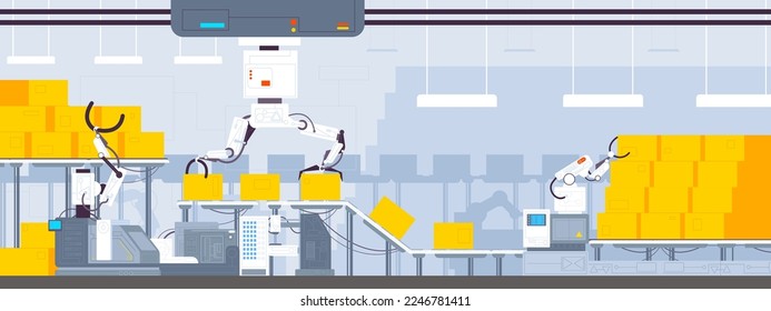 Automated warehouse conveyor. Factory packing process or boxes sorting on production line, parsel good packaging automation roller belt robot machine, splendid vector illustration of factory warehouse