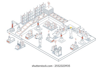 Automated warehouse logistics utilizing AGVs and AMRs for efficient robotic material handling, transportation, and comprehensive cargo management services. Vector illustration EPS 10