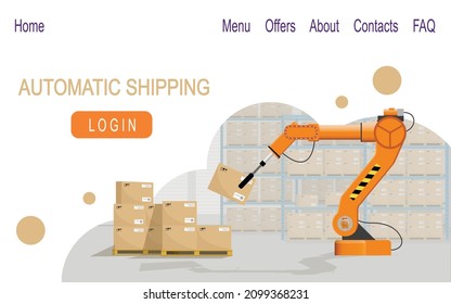 Automated warehouse operation. Robot arm. Web banner design. Vector flat illustration.