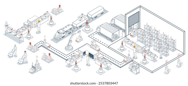Automatisierter Lagerbetrieb unter Verwendung von AGVs und AMRs für Roboter-Materialtransport. Vektorgrafik EPS 10