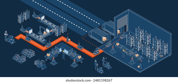 Automated warehouse robotic and autonomous robot transportation service concept with Automated Guided Vehicles (AGVs) and Autonomous Mobile Robots (AMRs). Vector illustration EPS 10