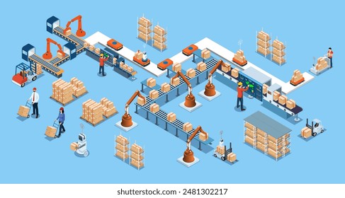 Automatisiertes Lagerroboter- und autonomes Robotertransportdienstkonzept mit Automated Guided Vehicles (AGVs) und Autonomous Mobile Robots (AMRs). Vektorillustration EPS 10