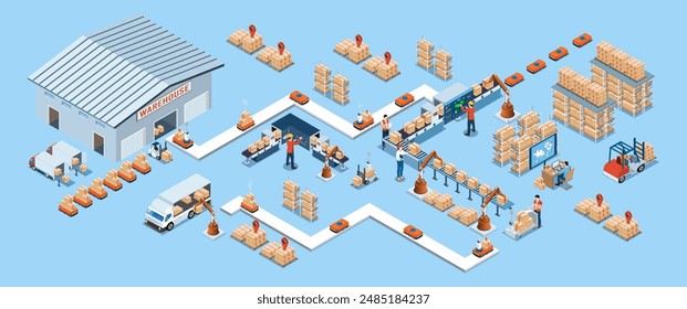 Automatisiertes Lagerroboter- und autonomes Robotertransportdienstkonzept mit Automated Guided Vehicles (AGVs) und Autonomous Mobile Robots (AMRs). Vektorillustration EPS 10