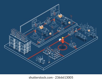 Robots de almacén automáticos y tecnología de almacén inteligente Concepto con sistema de automatización de almacenes, robot autónomo, servicio de operación de transporte. Ilustración del vector EPS 10