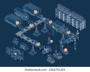 Automated Warehouse Roboter und Smart Warehouse Technologie Konzept mit Lager Automation System, Autonome Roboter, Transportbetrieb Service. Vektorgrafik EPS10