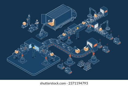 Automated Warehouse Robots und Smart Warehouse Technology Konzept mit Agv Robotern, Warehouse Automation System und automatisierten Lagersteuerungsplattformen. Vektorgrafik EPS10

