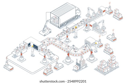 conceito de Automated Warehouse Robots e Smart Warehouse Technology com robôs Agv, Warehouse Automation System e plataformas de controle de inventário automatizado. Ilustração vetorial EPS 10